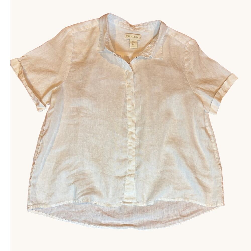 CYNTHIA ROWLEY Women's Linen Shirt Size LARGE White Short Sleeve Button Up